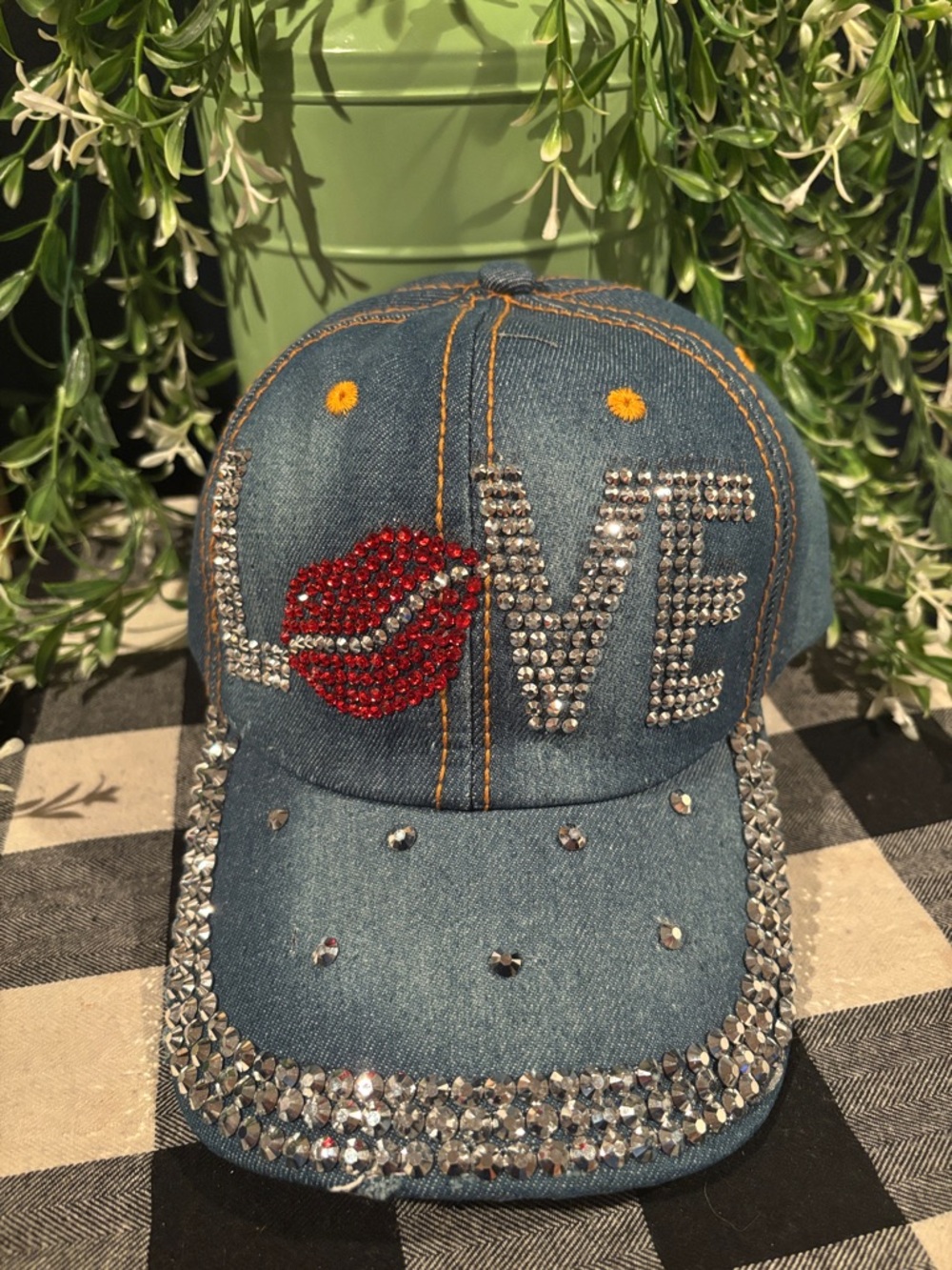 Rhinestone Denim 'LOVE' Cap with Red Lip Detail